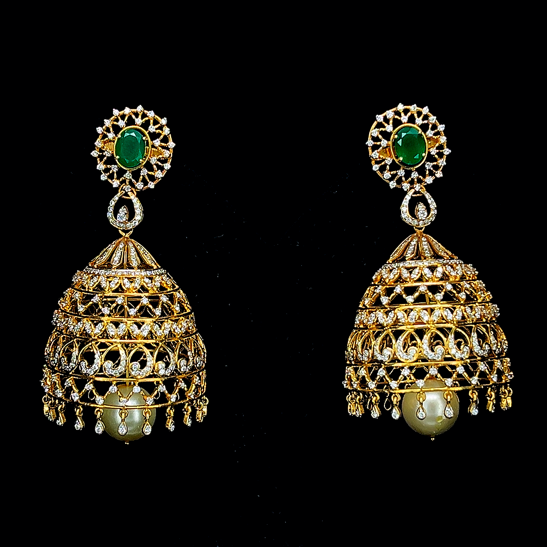 Colombian Emerald Diamond Jhumka Earrings